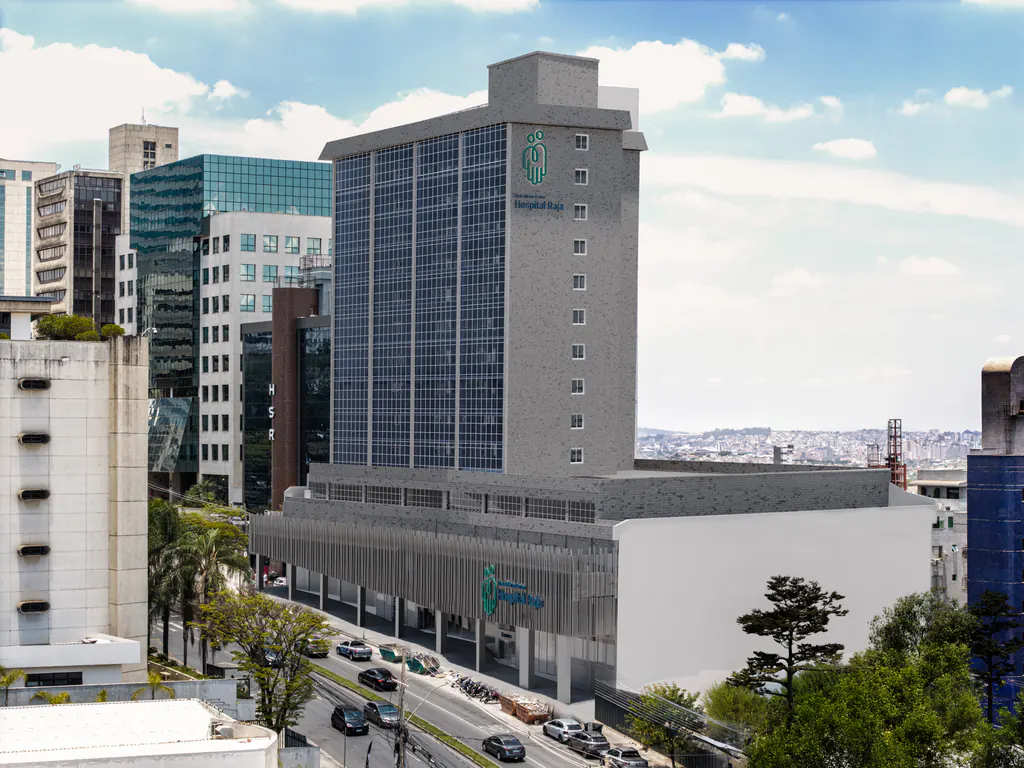 Projeção da fachada do Hospital Raja, na Avenida Raja Gabáglia, em Belo Horizonte
